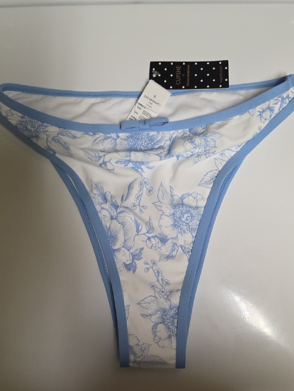 Cupshe White and Light Blue Floral Bikini Bottom with Bow - Size S
